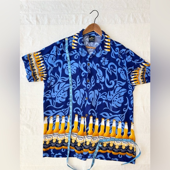 Vintage Corona Extra Beer Print Rayon Hawaiian Style Button Down Shirt - Picture 4 of 12